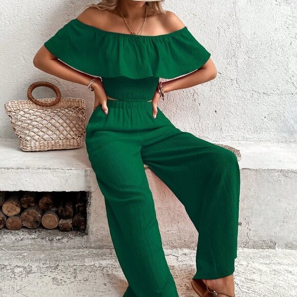 Green Boho Womens Off Shoulder Ruffle Trim Top & Wide Leg Pants - Picture 4 of 5